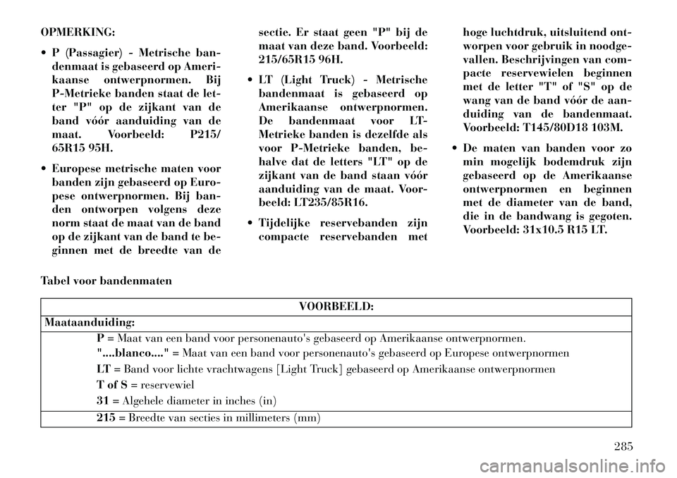 Lancia Voyager 2013 Instructieboek (in Dutch) OPMERKING:
P (Passagier) - Metrische ban-denmaat is gebaseerd op Ameri-
kaanse ontwerpnormen. Bij
P-Metrieke banden staat de let-
ter "P" op de zijkant van de
band vóór aanduiding van de
maat. Voo Lancia Voyager 2013 Instructieboek (in Dutch) OPMERKING:
P (Passagier) - Metrische ban-denmaat is gebaseerd op Ameri-
kaanse ontwerpnormen. Bij
P-Metrieke banden staat de let-
ter "P" op de zijkant van de
band vóór aanduiding van de
maat. Voo
