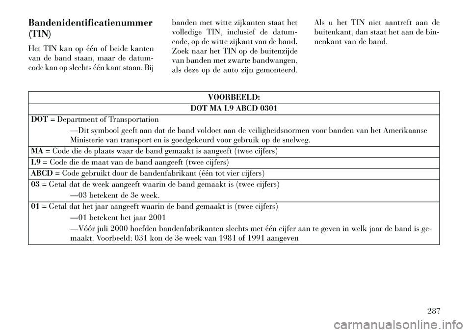 Lancia Voyager 2013 Instructieboek (in Dutch) Bandenidentificatienummer
(TIN)
Het TIN kan op één of beide kanten
van de band staan, maar de datum-
code kan op slechts één kant staan. Bijbanden met witte zijkanten staat het
volledige TIN, incl Lancia Voyager 2013 Instructieboek (in Dutch) Bandenidentificatienummer
(TIN)
Het TIN kan op één of beide kanten
van de band staan, maar de datum-
code kan op slechts één kant staan. Bijbanden met witte zijkanten staat het
volledige TIN, incl