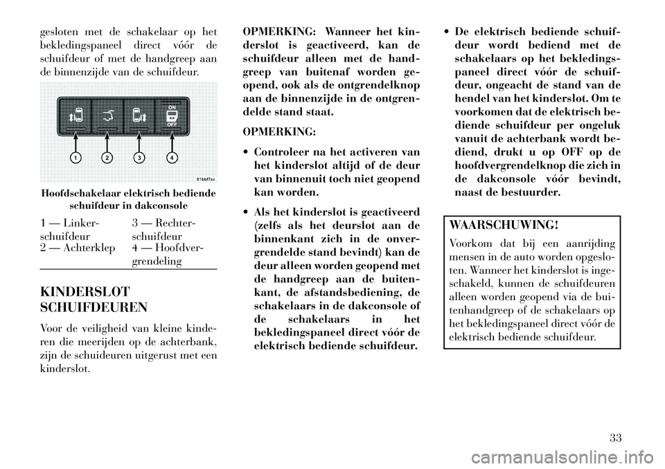 Lancia Voyager 2013 Instructieboek (in Dutch) gesloten met de schakelaar op het
bekledingspaneel direct vóór de
schuifdeur of met de handgreep aan
de binnenzijde van de schuifdeur.
KINDERSLOT
SCHUIFDEUREN
Voor de veiligheid van kleine kinde-
re Lancia Voyager 2013 Instructieboek (in Dutch) gesloten met de schakelaar op het
bekledingspaneel direct vóór de
schuifdeur of met de handgreep aan
de binnenzijde van de schuifdeur.
KINDERSLOT
SCHUIFDEUREN
Voor de veiligheid van kleine kinde-
re