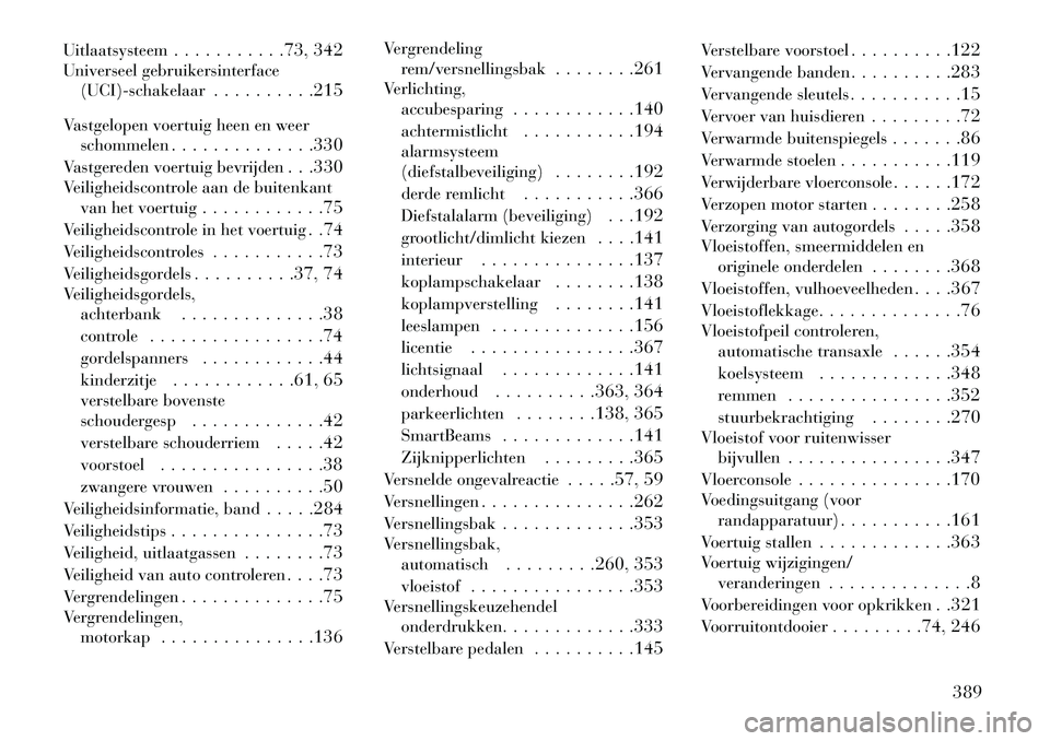 Lancia Voyager 2013 Instructieboek (in Dutch) Uitlaatsysteem. . . . . . . . . . .73, 342
Universeel gebruikersinterface (UCI)-schakelaar . . . . . . . . . .215
Vastgelopen voertuig heen en weer schommelen . . . . . . . . . . . . . .330
Vastgerede Lancia Voyager 2013 Instructieboek (in Dutch) Uitlaatsysteem. . . . . . . . . . .73, 342
Universeel gebruikersinterface (UCI)-schakelaar . . . . . . . . . .215
Vastgelopen voertuig heen en weer schommelen . . . . . . . . . . . . . .330
Vastgerede