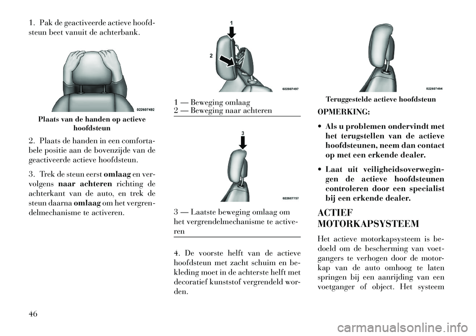 Lancia Voyager 2013 Instructieboek (in Dutch) 1. Pak de geactiveerde actieve hoofd-
steun beet vanuit de achterbank.
2. Plaats de handen in een comforta-
bele positie aan de bovenzijde van de
geactiveerde actieve hoofdsteun.
3. Trek de steun eers Lancia Voyager 2013 Instructieboek (in Dutch) 1. Pak de geactiveerde actieve hoofd-
steun beet vanuit de achterbank.
2. Plaats de handen in een comforta-
bele positie aan de bovenzijde van de
geactiveerde actieve hoofdsteun.
3. Trek de steun eers
