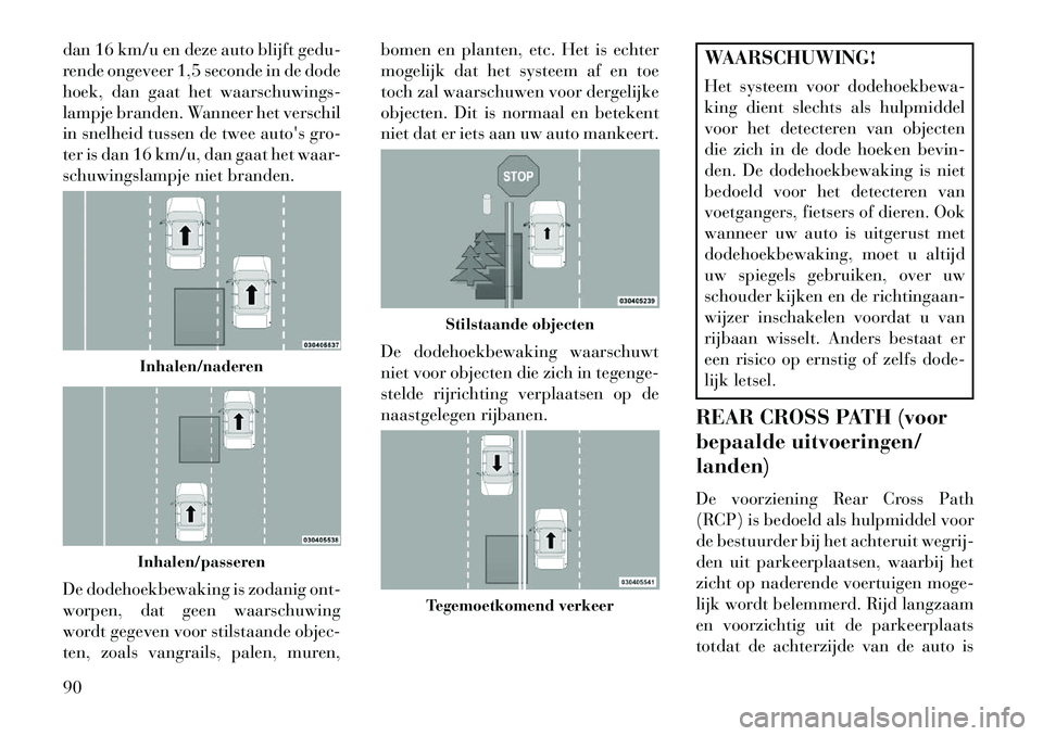 Lancia Voyager 2013  Instructieboek (in Dutch) dan 16 km/u en deze auto blijft gedu-
rende ongeveer 1,5 seconde in de dode
hoek, dan gaat het waarschuwings-
lampje branden. Wanneer het verschil
in snelheid tussen de twee autos gro-
ter is dan 16 