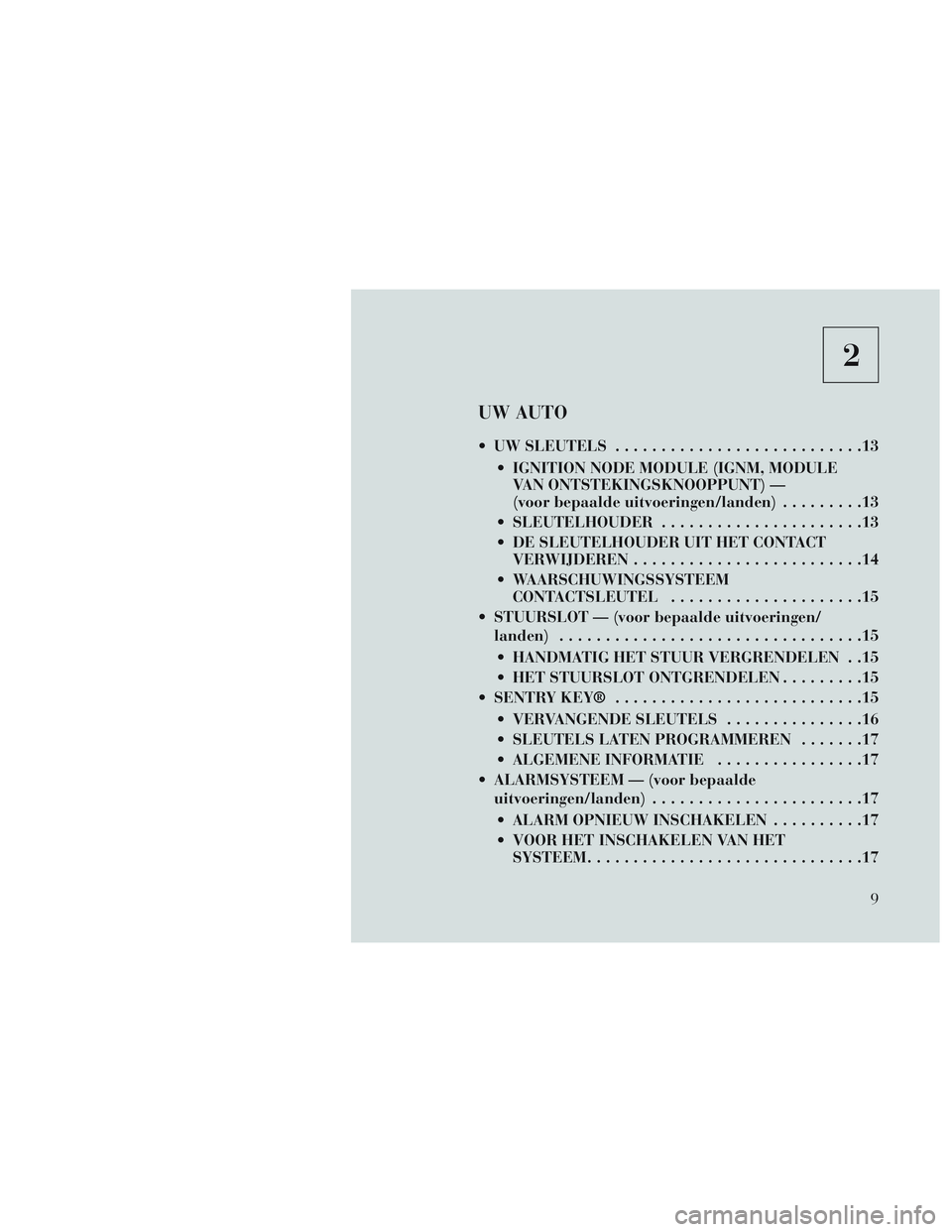 Lancia Voyager 2014  Instructieboek (in Dutch) 2
UW AUTO
 UW SLEUTELS...........................13
 IGNITION NODE MODULE (IGNM, MODULE VAN ONTSTEKINGSKNOOPPUNT) —
(voor bepaalde uitvoeringen/landen) .........13
 SLEUTELHOUDER ...................