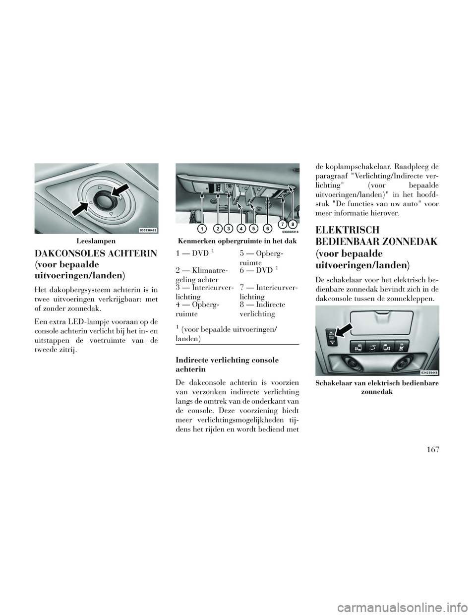 Lancia Voyager 2014 Instructieboek (in Dutch) DAKCONSOLES ACHTERIN
(voor bepaalde
uitvoeringen/landen)
Het dakopbergsysteem achterin is in
twee uitvoeringen verkrijgbaar: met
of zonder zonnedak.
Een extra LED-lampje vooraan op de
console achterin Lancia Voyager 2014 Instructieboek (in Dutch) DAKCONSOLES ACHTERIN
(voor bepaalde
uitvoeringen/landen)
Het dakopbergsysteem achterin is in
twee uitvoeringen verkrijgbaar: met
of zonder zonnedak.
Een extra LED-lampje vooraan op de
console achterin