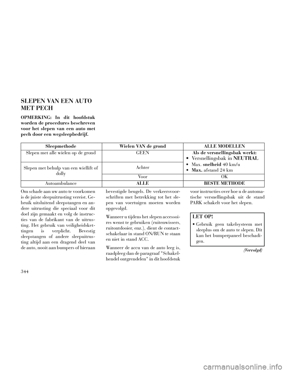 Lancia Voyager 2014 Instructieboek (in Dutch) SLEPEN VAN EEN AUTO
MET PECH
OPMERKING: In dit hoofdstuk
worden de procedures beschreven
voor het slepen van een auto met
pech door een wegsleepbedrijf.
SleepmethodeWielen VAN de grond ALLE MODELLEN
S Lancia Voyager 2014 Instructieboek (in Dutch) SLEPEN VAN EEN AUTO
MET PECH
OPMERKING: In dit hoofdstuk
worden de procedures beschreven
voor het slepen van een auto met
pech door een wegsleepbedrijf.
SleepmethodeWielen VAN de grond ALLE MODELLEN
S