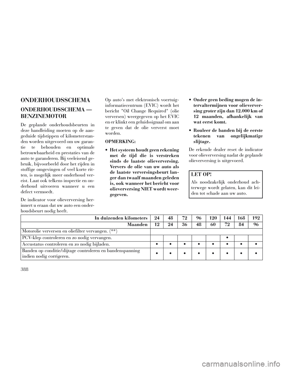 Lancia Voyager 2014 Instructieboek (in Dutch) ONDERHOUDSSCHEMA
ONDERHOUDSSCHEMA —
BENZINEMOTOR
De geplande onderhoudsbeurten in
deze handleiding moeten op de aan-
geduide tijdstippen of kilometerstan-
den worden uitgevoerd om uw garan-
tie te b Lancia Voyager 2014 Instructieboek (in Dutch) ONDERHOUDSSCHEMA
ONDERHOUDSSCHEMA —
BENZINEMOTOR
De geplande onderhoudsbeurten in
deze handleiding moeten op de aan-
geduide tijdstippen of kilometerstan-
den worden uitgevoerd om uw garan-
tie te b