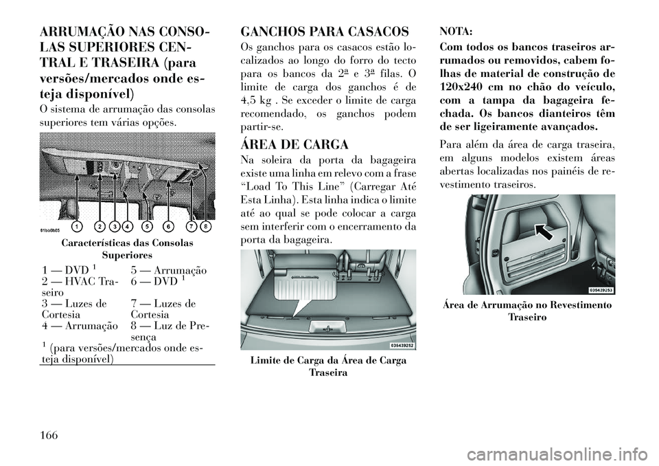 Lancia Voyager 2012 Manual de Uso e Manutenção (in Portuguese) ARRUMAÇÃO NAS CONSO-
LAS SUPERIORES CEN-
TRAL E TRASEIRA (para
versões/mercados onde es-
teja disponível)
O sistema de arrumação das consolas
superiores tem várias opções.GANCHOS PARA CASA Lancia Voyager 2012 Manual de Uso e Manutenção (in Portuguese) ARRUMAÇÃO NAS CONSO-
LAS SUPERIORES CEN-
TRAL E TRASEIRA (para
versões/mercados onde es-
teja disponível)
O sistema de arrumação das consolas
superiores tem várias opções.GANCHOS PARA CASA