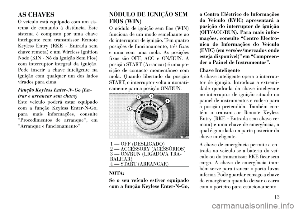 Lancia Voyager 2011  Manual de Uso e Manutenção (in Portuguese) AS CHAVES 
O veículo está equipado com um sis- 
tema de comando à distância. Este
sistema é composto por uma chave
inteligente com transmissor Remote
Keyless Entry (RKE - Entrada sem
chave remota