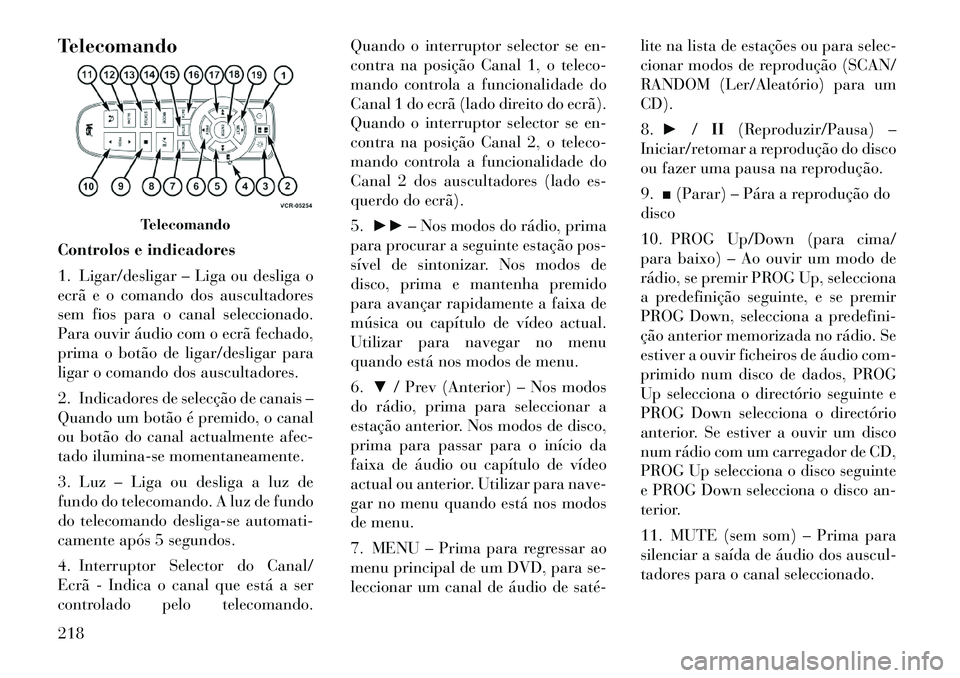 Lancia Voyager 2012  Manual de Uso e Manutenção (in Portuguese) Telecomando 
Controlos e indicadores 
1. Ligar/desligar – Liga ou desliga o 
ecrã e o comando dos auscultadores
sem fios para o canal seleccionado.
Para ouvir áudio com o ecrã fechado,
prima o bo