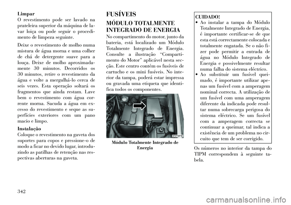 Lancia Voyager 2011  Manual de Uso e Manutenção (in Portuguese) Limpar 
O revestimento pode ser lavado na
prateleira superior da máquina de la-
var loiça ou pode seguir o procedi-
mento de limpeza seguinte. 
Deixe o revestimento de molho numa 
mistura de água m