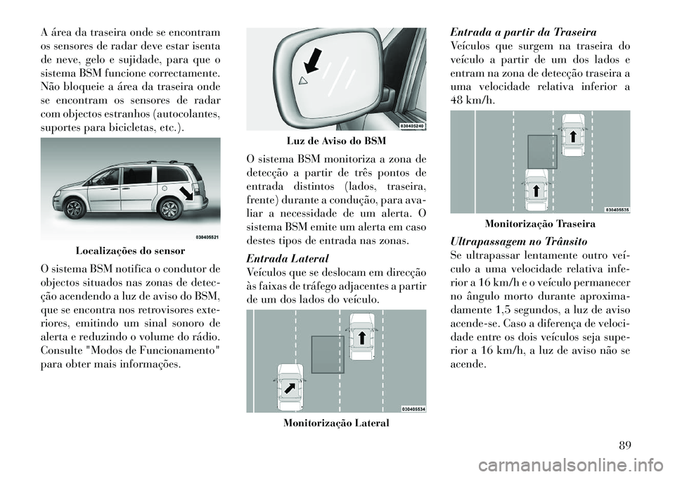 Lancia Voyager 2011  Manual de Uso e Manutenção (in Portuguese) A área da traseira onde se encontram 
os sensores de radar deve estar isenta
de neve, gelo e sujidade, para que o
sistema BSM funcione correctamente.
Não bloqueie a área da traseira onde
se encontr