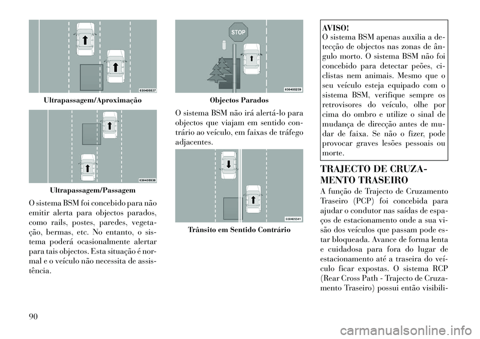 Lancia Voyager 2011  Manual de Uso e Manutenção (in Portuguese) O sistema BSM foi concebido para não 
emitir alerta para objectos parados,
como rails, postes, paredes, vegeta-
ção, bermas, etc. No entanto, o sis-
tema poderá ocasionalmente alertar
para tais ob