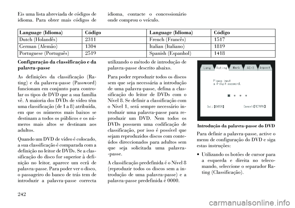 Lancia Voyager 2013 Manual de Uso e Manutenção (in Portuguese) Eis uma lista abreviada de códigos de
idioma. Para obter mais códigos deidioma, contacte o concessionário
onde comprou o veículo.Language (Idioma) Código
Language (Idioma) Código
Dutch (Holandê Lancia Voyager 2013 Manual de Uso e Manutenção (in Portuguese) Eis uma lista abreviada de códigos de
idioma. Para obter mais códigos deidioma, contacte o concessionário
onde comprou o veículo.Language (Idioma) Código
Language (Idioma) Código
Dutch (Holandê