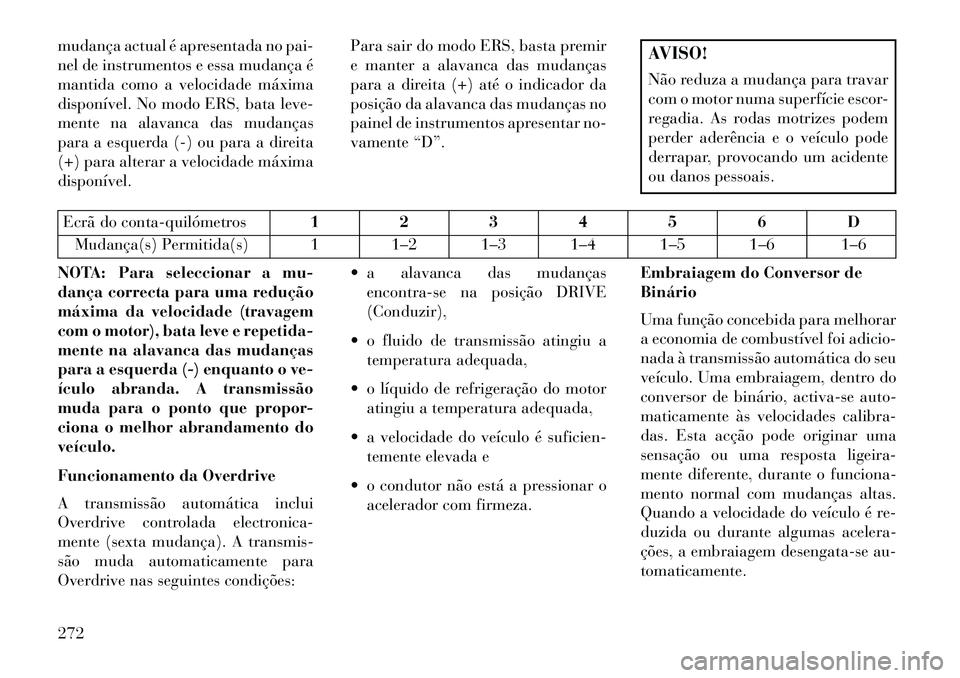 Lancia Voyager 2013 Manual de Uso e Manutenção (in Portuguese) mudança actual é apresentada no pai-
nel de instrumentos e essa mudança é
mantida como a velocidade máxima
disponível. No modo ERS, bata leve-
mente na alavanca das mudanças
para a esquerda (-) Lancia Voyager 2013 Manual de Uso e Manutenção (in Portuguese) mudança actual é apresentada no pai-
nel de instrumentos e essa mudança é
mantida como a velocidade máxima
disponível. No modo ERS, bata leve-
mente na alavanca das mudanças
para a esquerda (-)