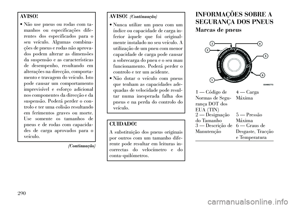 Lancia Voyager 2013 Manual de Uso e Manutenção (in Portuguese) AVISO!
Não use pneus ou rodas com ta-manhos ou especificações dife-
rentes dos especificados para o
seu veículo. Algumas combina-
ções de pneus e rodas não aprova-
dos podem alterar as dimens Lancia Voyager 2013 Manual de Uso e Manutenção (in Portuguese) AVISO!
Não use pneus ou rodas com ta-manhos ou especificações dife-
rentes dos especificados para o
seu veículo. Algumas combina-
ções de pneus e rodas não aprova-
dos podem alterar as dimens