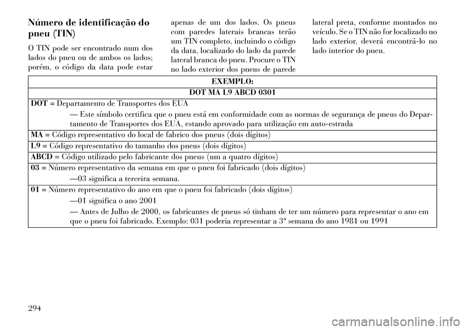 Lancia Voyager 2013 Manual de Uso e Manutenção (in Portuguese) Número de identificação do
pneu (TIN)
O TIN pode ser encontrado num dos
lados do pneu ou de ambos os lados;
porém, o código da data pode estarapenas de um dos lados. Os pneus
com paredes laterais Lancia Voyager 2013 Manual de Uso e Manutenção (in Portuguese) Número de identificação do
pneu (TIN)
O TIN pode ser encontrado num dos
lados do pneu ou de ambos os lados;
porém, o código da data pode estarapenas de um dos lados. Os pneus
com paredes laterais