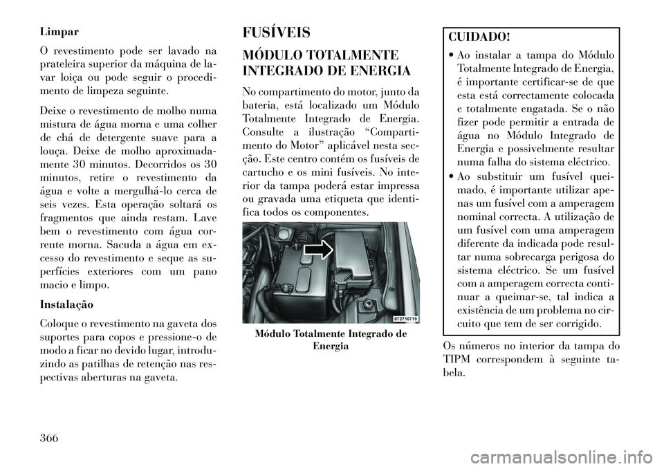 Lancia Voyager 2013  Manual de Uso e Manutenção (in Portuguese) Limpar
O revestimento pode ser lavado na
prateleira superior da máquina de la-
var loiça ou pode seguir o procedi-
mento de limpeza seguinte.
Deixe o revestimento de molho numa
mistura de água morn