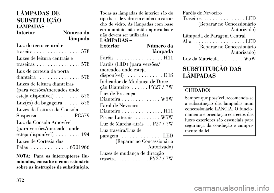 Lancia Voyager 2013  Manual de Uso e Manutenção (in Portuguese) LÂMPADAS DE
SUBSTITUIÇÃO
LÂMPADAS –
Interior Número dalâmpada
Luz do tecto central e
traseira . . . . . . . . . . . . . . . . . 578
Luzes de leitura centrais e
traseiras . . . . . . . . . . . 