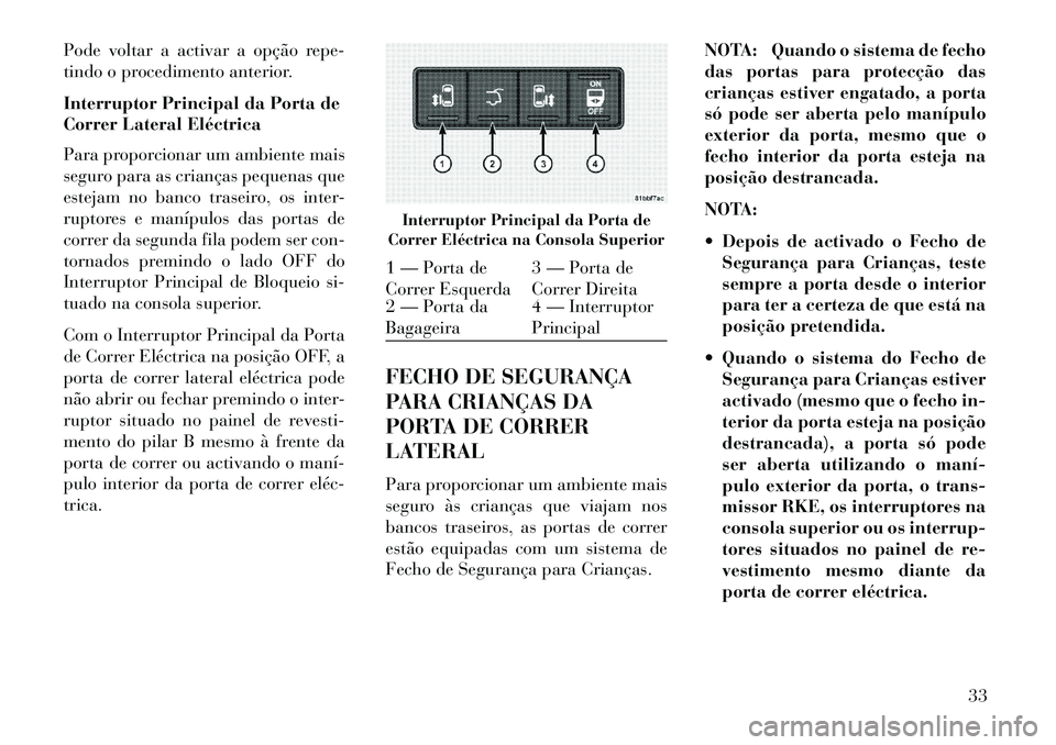 Lancia Voyager 2013  Manual de Uso e Manutenção (in Portuguese) Pode voltar a activar a opção repe-
tindo o procedimento anterior.
Interruptor Principal da Porta de
Correr Lateral Eléctrica
Para proporcionar um ambiente mais
seguro para as crianças pequenas qu
