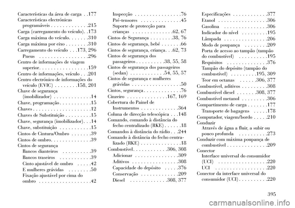 Lancia Voyager 2013  Manual de Uso e Manutenção (in Portuguese) Características da área de carga. .177
Características electrónicas programáveis . . . . . . . . . . . . .215
Carga (carregamento do veículo) . .173
Carga máxima do veículo . . . . . . .310
Ca