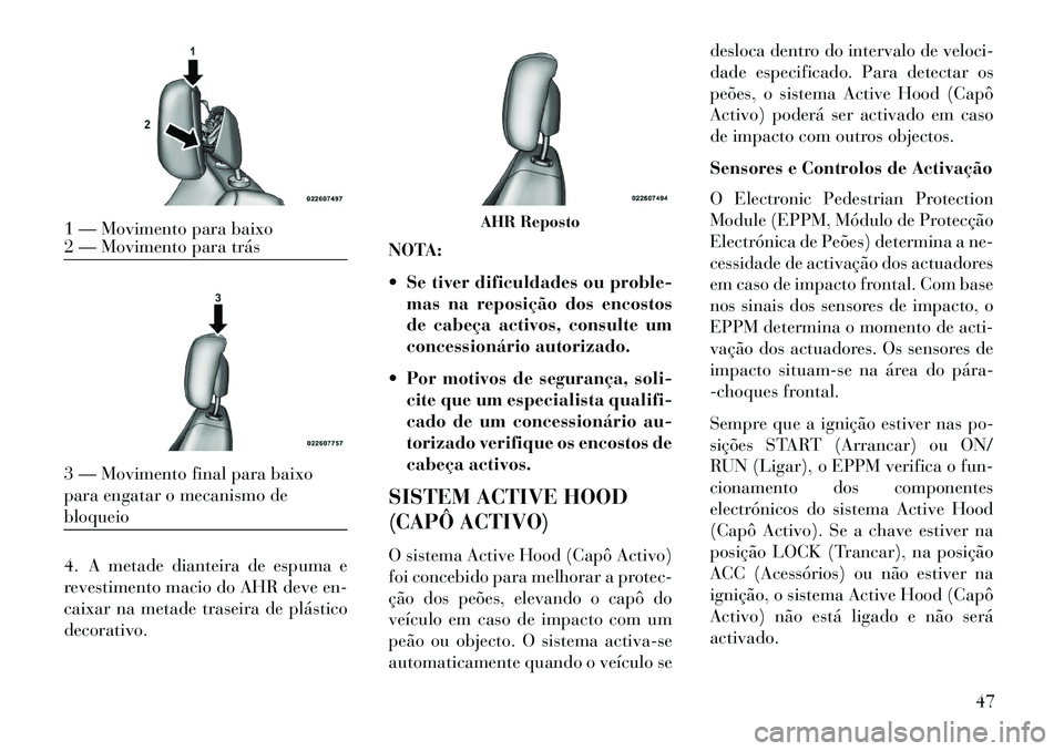 Lancia Voyager 2013  Manual de Uso e Manutenção (in Portuguese) 4. A metade dianteira de espuma e
revestimento macio do AHR deve en-
caixar na metade traseira de plástico
decorativo.NOTA:
 Se tiver dificuldades ou proble-
mas na reposição dos encostos
de cabe