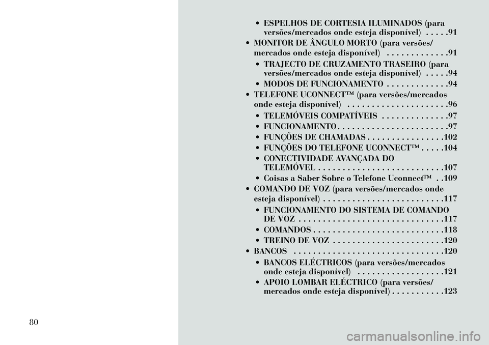 Lancia Voyager 2013  Manual de Uso e Manutenção (in Portuguese)  ESPELHOS DE CORTESIA ILUMINADOS (paraversões/mercados onde esteja disponível) . . . . .91
 MONITOR DE ÂNGULO MORTO (para versões/ mercados onde esteja disponível) . . . . . . . . . . . . .91
