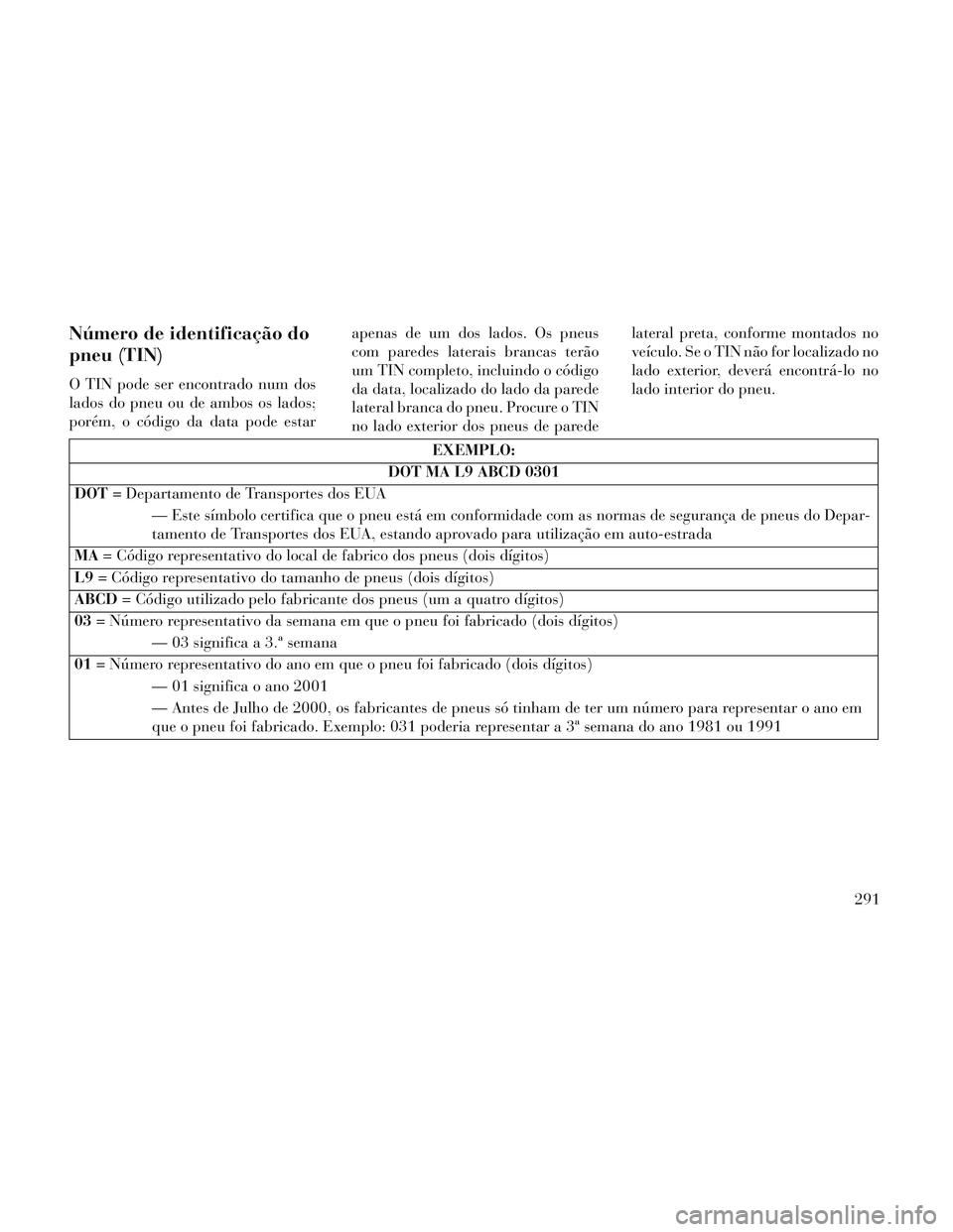 Lancia Voyager 2014 Manual de Uso e Manutenção (in Portuguese) Número de identificação do
pneu (TIN)
O TIN pode ser encontrado num dos
lados do pneu ou de ambos os lados;
porém, o código da data pode estarapenas de um dos lados. Os pneus
com paredes laterais Lancia Voyager 2014 Manual de Uso e Manutenção (in Portuguese) Número de identificação do
pneu (TIN)
O TIN pode ser encontrado num dos
lados do pneu ou de ambos os lados;
porém, o código da data pode estarapenas de um dos lados. Os pneus
com paredes laterais