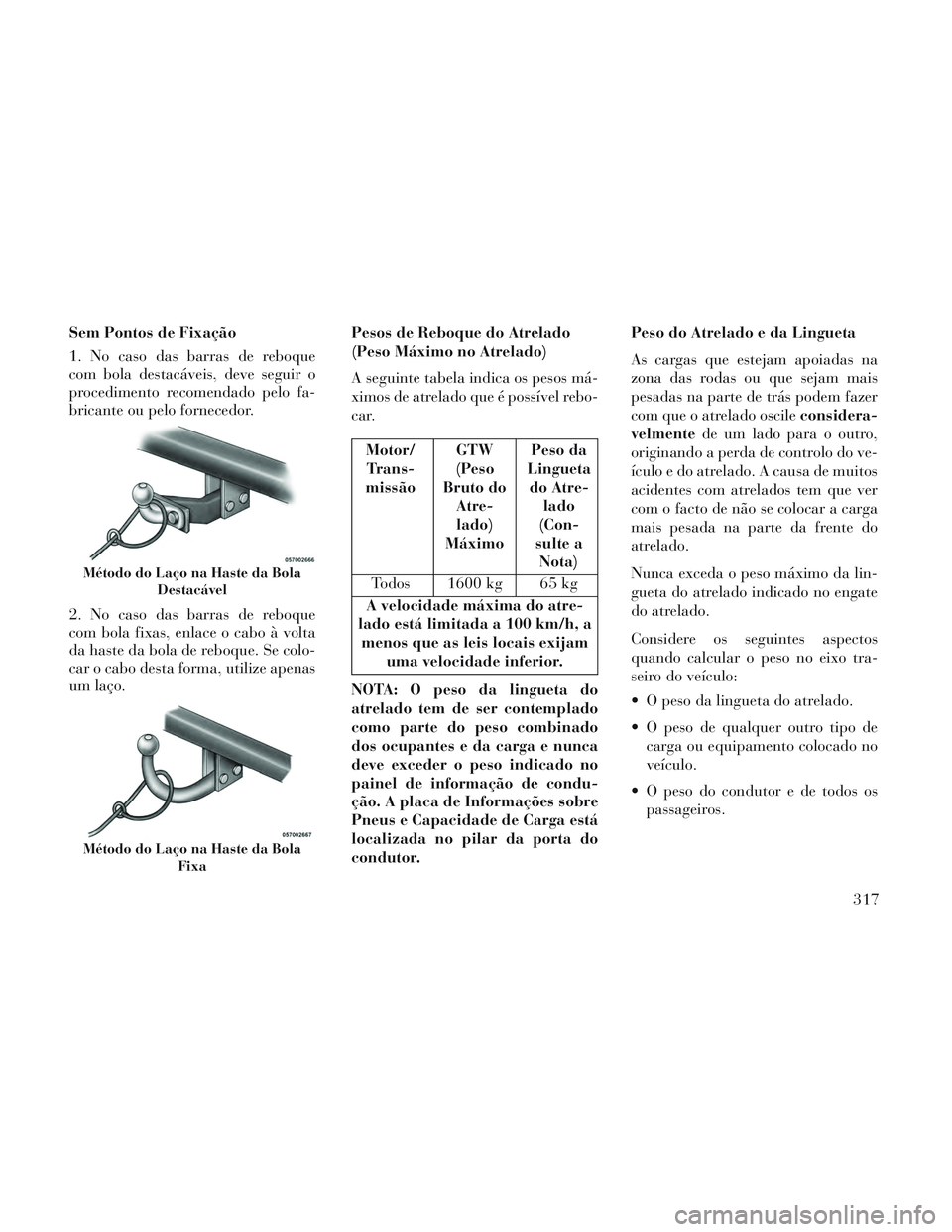 Lancia Voyager 2014 Manual de Uso e Manutenção (in Portuguese) Sem Pontos de Fixação
1. No caso das barras de reboque
com bola destacáveis, deve seguir o
procedimento recomendado pelo fa-
bricante ou pelo fornecedor.
2. No caso das barras de reboque
com bola f Lancia Voyager 2014 Manual de Uso e Manutenção (in Portuguese) Sem Pontos de Fixação
1. No caso das barras de reboque
com bola destacáveis, deve seguir o
procedimento recomendado pelo fa-
bricante ou pelo fornecedor.
2. No caso das barras de reboque
com bola f