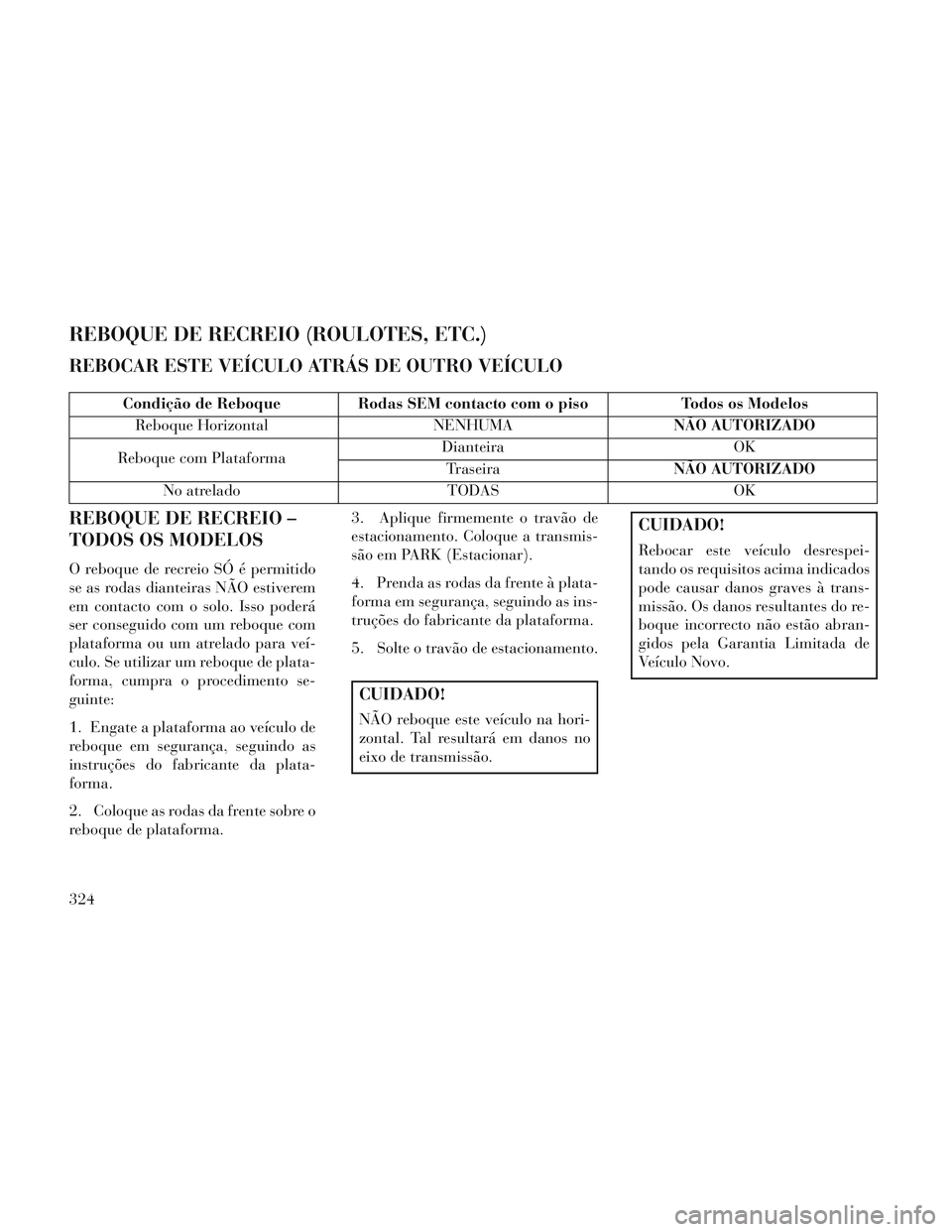 Lancia Voyager 2014 Manual de Uso e Manutenção (in Portuguese) REBOQUE DE RECREIO (ROULOTES, ETC.)
REBOCAR ESTE VEÍCULO ATRÁS DE OUTRO VEÍCULO
Condição de Reboque Rodas SEM contacto com o pisoTodos os Modelos
Reboque Horizontal NENHUMANÃO AUTORIZADO
Reboque Lancia Voyager 2014 Manual de Uso e Manutenção (in Portuguese) REBOQUE DE RECREIO (ROULOTES, ETC.)
REBOCAR ESTE VEÍCULO ATRÁS DE OUTRO VEÍCULO
Condição de Reboque Rodas SEM contacto com o pisoTodos os Modelos
Reboque Horizontal NENHUMANÃO AUTORIZADO
Reboque