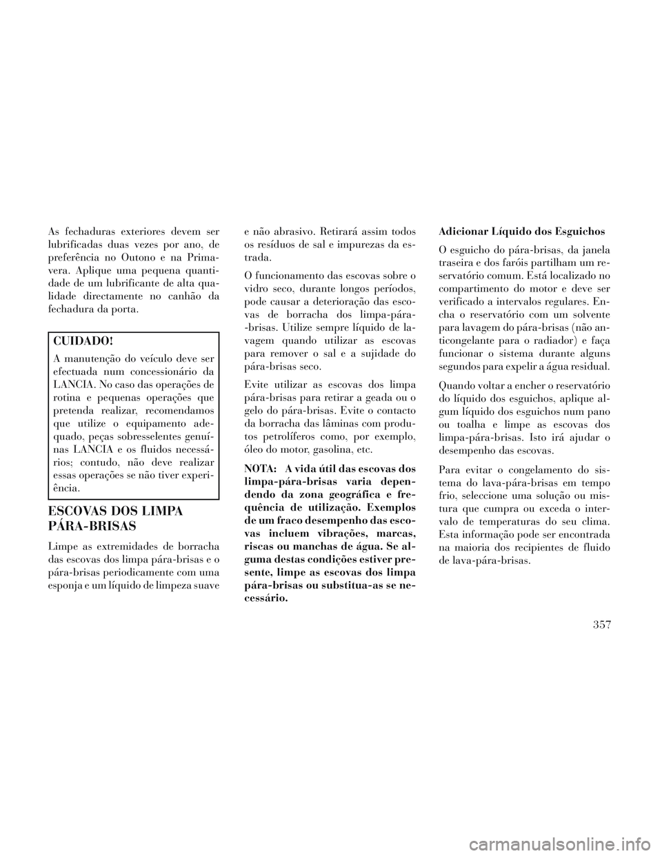 Lancia Voyager 2014 Manual de Uso e Manutenção (in Portuguese) As fechaduras exteriores devem ser
lubrificadas duas vezes por ano, de
preferência no Outono e na Prima-
vera. Aplique uma pequena quanti-
dade de um lubrificante de alta qua-
lidade directamente no Lancia Voyager 2014 Manual de Uso e Manutenção (in Portuguese) As fechaduras exteriores devem ser
lubrificadas duas vezes por ano, de
preferência no Outono e na Prima-
vera. Aplique uma pequena quanti-
dade de um lubrificante de alta qua-
lidade directamente no