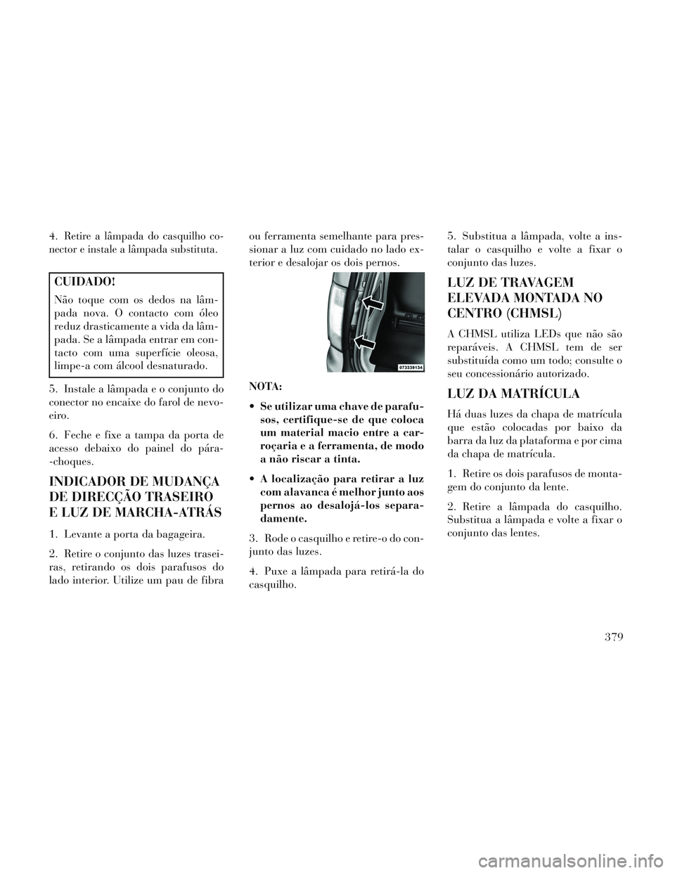 Lancia Voyager 2014  Manual de Uso e Manutenção (in Portuguese) 4.Retire a lâmpada do casquilho co-
nector e instale a lâmpada substituta.
CUIDADO!
Não toque com os dedos na lâm-
pada nova. O contacto com óleo
reduz drasticamente a vida da lâm-
pada. Se a l