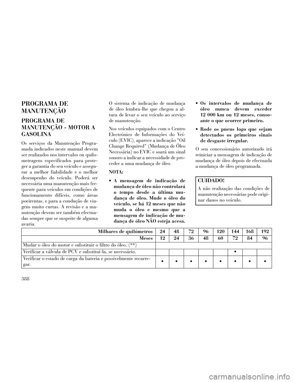 Lancia Voyager 2014  Manual de Uso e Manutenção (in Portuguese) PROGRAMA DE
MANUTENÇÃO
PROGRAMA DE
MANUTENÇÃO - MOTOR A
GASOLINA
Os serviços da Manutenção Progra-
mada indicados neste manual devem
ser realizados nos intervalos ou quilo-
metragens especifica