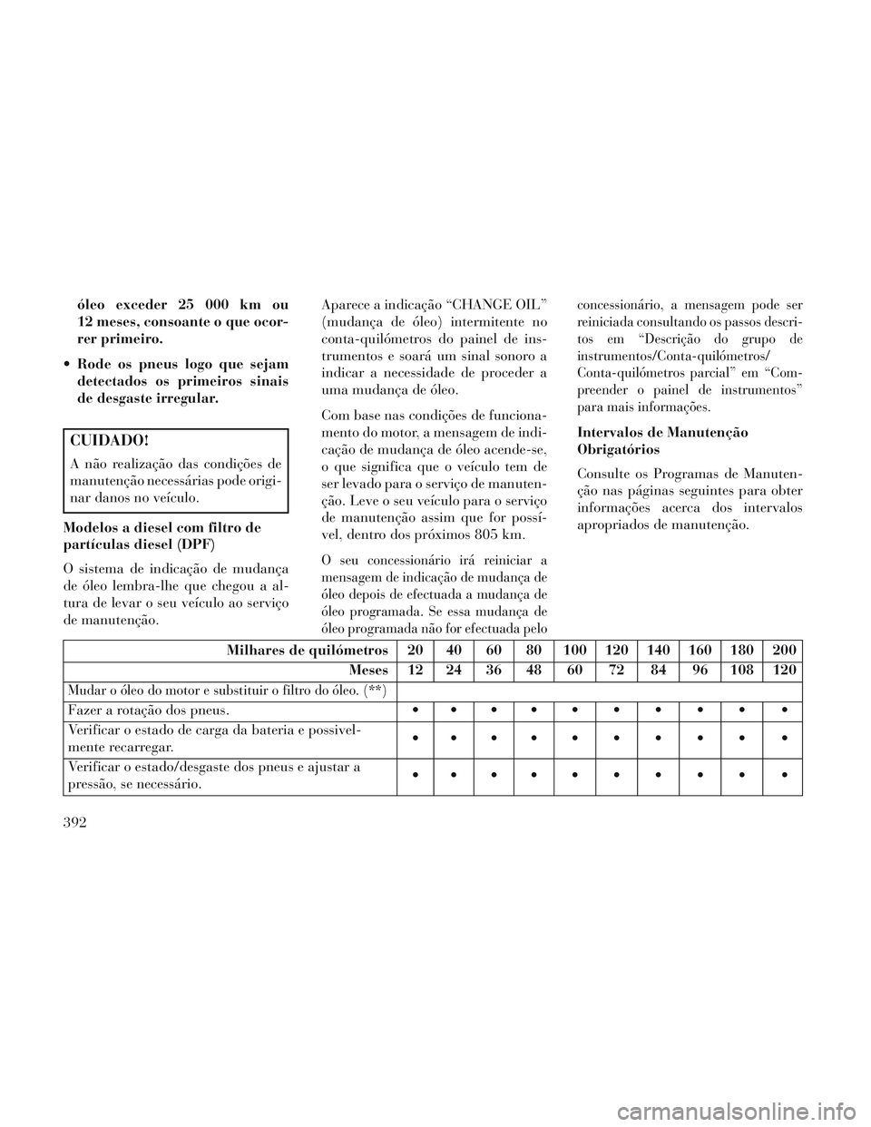 Lancia Voyager 2014  Manual de Uso e Manutenção (in Portuguese) óleo exceder 25 000 km ou
12 meses, consoante o que ocor-
rer primeiro.
 Rode os pneus logo que sejam detectados os primeiros sinais
de desgaste irregular.
CUIDADO!
A não realização das condiçõe