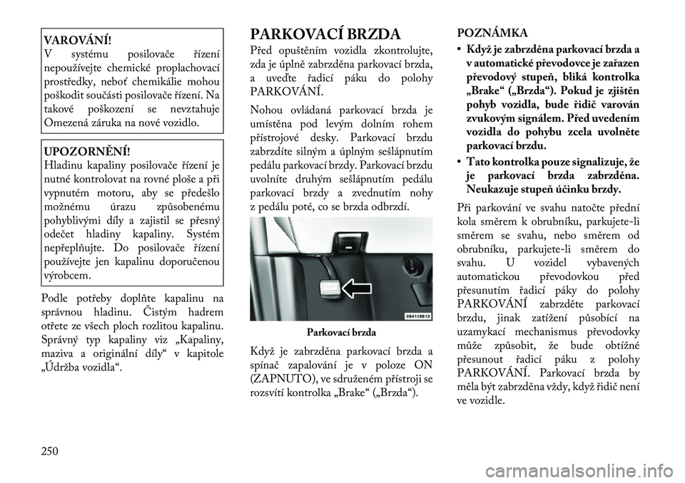 Lancia Voyager 2011  Návod k použití a údržbě (in Czech) VAROVÁNÍ! 
V systému posilovače řízení 
nepoužívejte chemické proplachovací
prostředky, neboť chemikálie mohou
poškodit součásti posilovače řízení. Na
takové poškození se nevzt