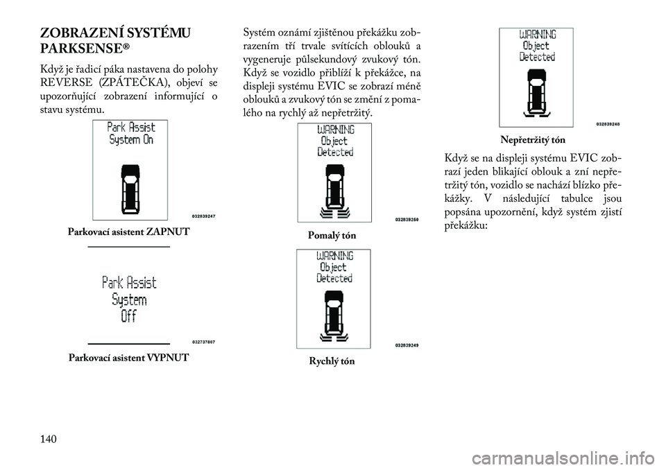 Lancia Voyager 2013  Návod k použití a údržbě (in Czech) ZOBRAZENÍ SYSTÉMU
PARKSENSE®
Když je řadicí páka nastavena do polohy
REVERSE (ZPÁTEČKA), objeví se
upozorňující zobrazení informující o
stavu systému.Systém oznámí zjištěnou pře