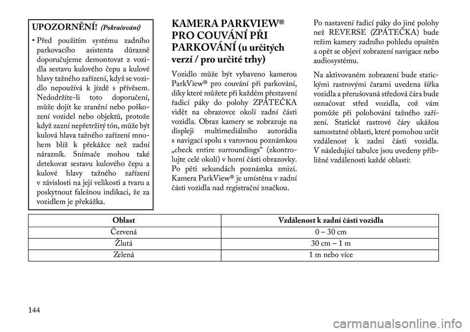 Lancia Voyager 2013 Návod k použití a údržbě (in Czech) UPOZORN\fNÍ!(Pokračování)
• Před použitím systému zadního parkovacího asistenta důrazně
doporučujeme demontovat z vozi-
dla sestavu kulového čepu a kulové
hlavy tažného zařízení Lancia Voyager 2013 Návod k použití a údržbě (in Czech) UPOZORN\fNÍ!(Pokračování)
• Před použitím systému zadního parkovacího asistenta důrazně
doporučujeme demontovat z vozi-
dla sestavu kulového čepu a kulové
hlavy tažného zařízení