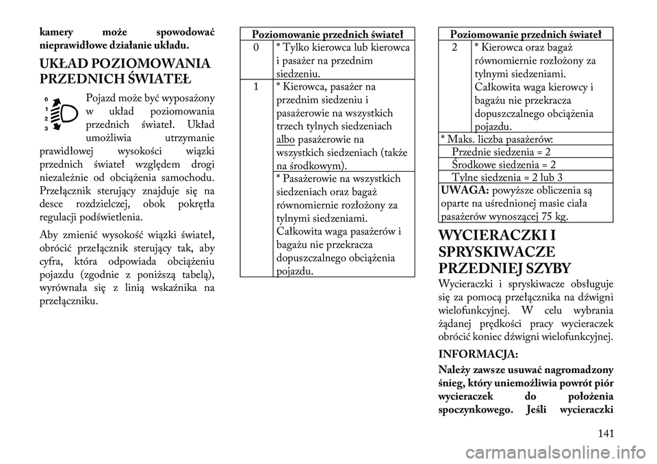 Lancia Voyager 2011 Instrukcja obsługi (in Polish) kamery może spowodować
nieprawidłowe działanie układu.
UKŁAD POZIOMOWANIA
PRZEDNICH ŚWIATEŁPojazd może być wyposażony
w układ poziomowania
przednich świateł. Układ
umożliwia utrzym Lancia Voyager 2011 Instrukcja obsługi (in Polish) kamery może spowodować
nieprawidłowe działanie układu.
UKŁAD POZIOMOWANIA
PRZEDNICH ŚWIATEŁPojazd może być wyposażony
w układ poziomowania
przednich świateł. Układ
umożliwia utrzym
