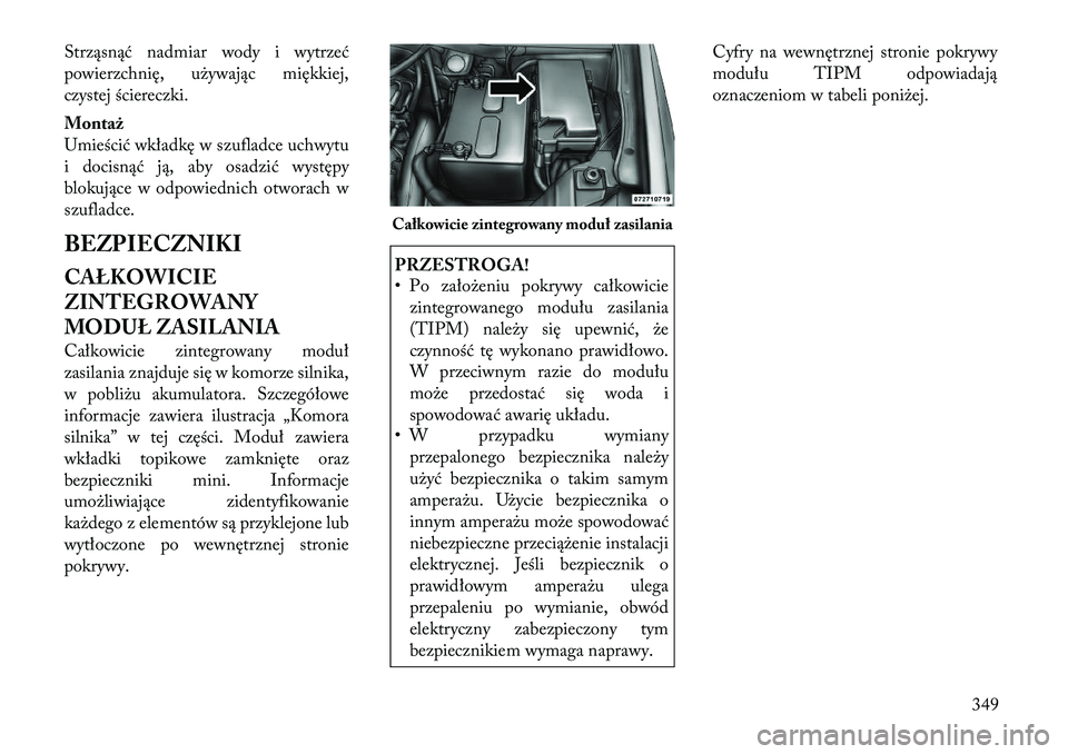 Lancia Voyager 2012  Instrukcja obsługi (in Polish) Strząsnąć nadmiar wody i wytrzeć 
powierzchnię, używając miękkiej,
czystej ściereczki. Montaż 
Umieścić wkładkę w szufladce uchwytu
i docisnąć ją, aby osadzić występy
blokujące w o