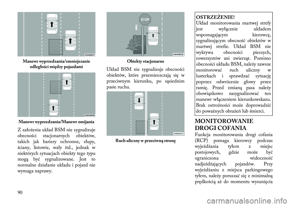 Lancia Voyager 2012  Instrukcja obsługi (in Polish) Z założenia układ BSM nie sygnalizuje 
obecności stacjonarnych obiektów,
takich jak bariery ochronne, słupy,
ściany, listowie, wały itd., jednak w
niektórych sytuacjach obiekty tego typu
mog�