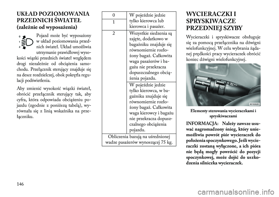 Lancia Voyager 2013 Instrukcja obsługi (in Polish) UKŁAD POZIOMOWANIA
PRZEDNICH ŚWIATEŁ
(zależnie od wyposażenia)
Pojazd może być wyposażony
w układ poziomowania przed-
nich świateł. Układ umożliwia
utrzymanie prawidłowej wyso-
kości wi Lancia Voyager 2013 Instrukcja obsługi (in Polish) UKŁAD POZIOMOWANIA
PRZEDNICH ŚWIATEŁ
(zależnie od wyposażenia)
Pojazd może być wyposażony
w układ poziomowania przed-
nich świateł. Układ umożliwia
utrzymanie prawidłowej wyso-
kości wi