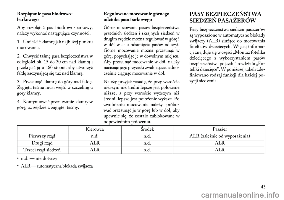 Lancia Voyager 2013 Instrukcja obsługi (in Polish) Rozplątanie pasa biodrowo-
barkowego
Aby rozplątać pas biodrowo-barkowy,
należy wykonać następujące czynności.
1. Umieścić klamrę jak najbliżej punktu
mocowania.
2.
Chwycić taśmę pasa b Lancia Voyager 2013 Instrukcja obsługi (in Polish) Rozplątanie pasa biodrowo-
barkowego
Aby rozplątać pas biodrowo-barkowy,
należy wykonać następujące czynności.
1. Umieścić klamrę jak najbliżej punktu
mocowania.
2.
Chwycić taśmę pasa b