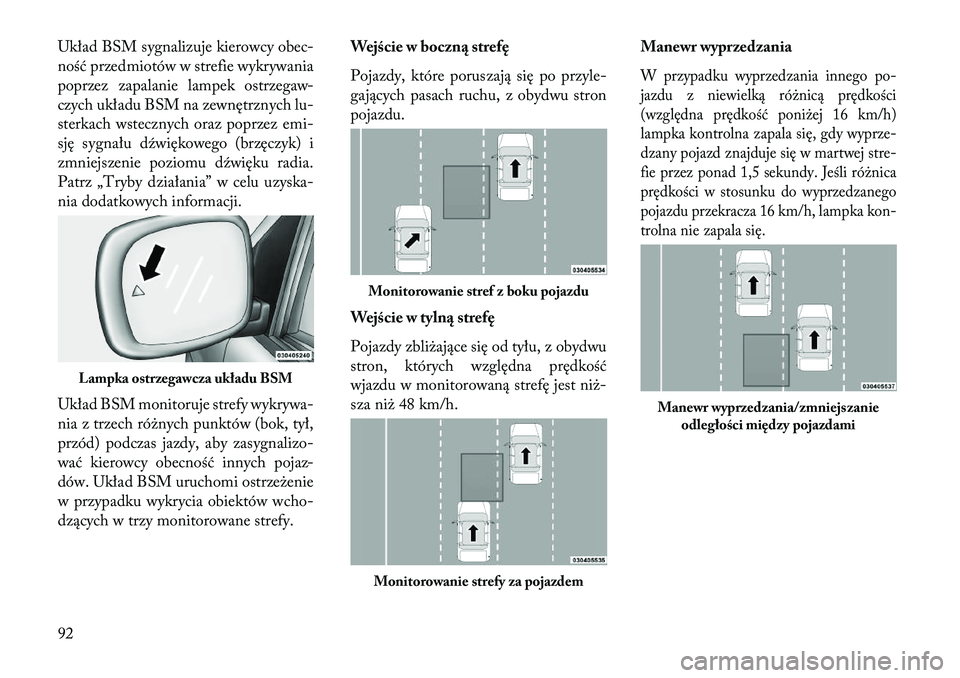 Lancia Voyager 2013 Instrukcja obsługi (in Polish) Układ BSM sygnalizuje kierowcy obec-
ność przedmiotów w strefie wykrywania
poprzez zapalanie lampek ostrzegaw-
czych układu BSM na zewnętrznych lu-
sterkach wstecznych oraz poprzez emi-
sję syg Lancia Voyager 2013 Instrukcja obsługi (in Polish) Układ BSM sygnalizuje kierowcy obec-
ność przedmiotów w strefie wykrywania
poprzez zapalanie lampek ostrzegaw-
czych układu BSM na zewnętrznych lu-
sterkach wstecznych oraz poprzez emi-
sję syg