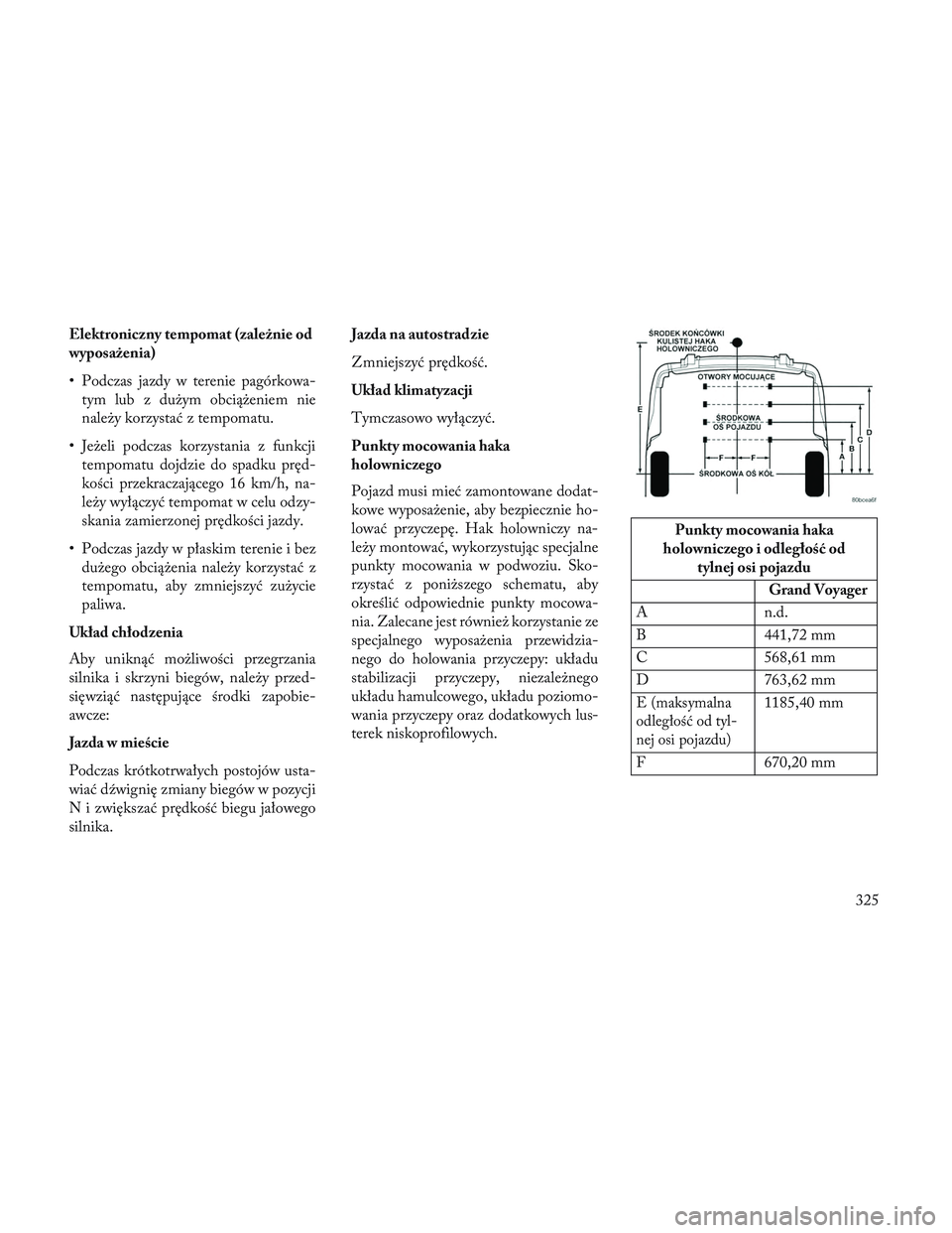 Lancia Voyager 2014  Instrukcja obsługi (in Polish) Elektroniczny tempomat (zależnie od
wyposażenia)
• Podczas jazdy w terenie pagórkowa-tym lub z dużym obciążeniem nie
należy korzystać z tempomatu.
• Jeżeli podczas korzystania z funkcji t