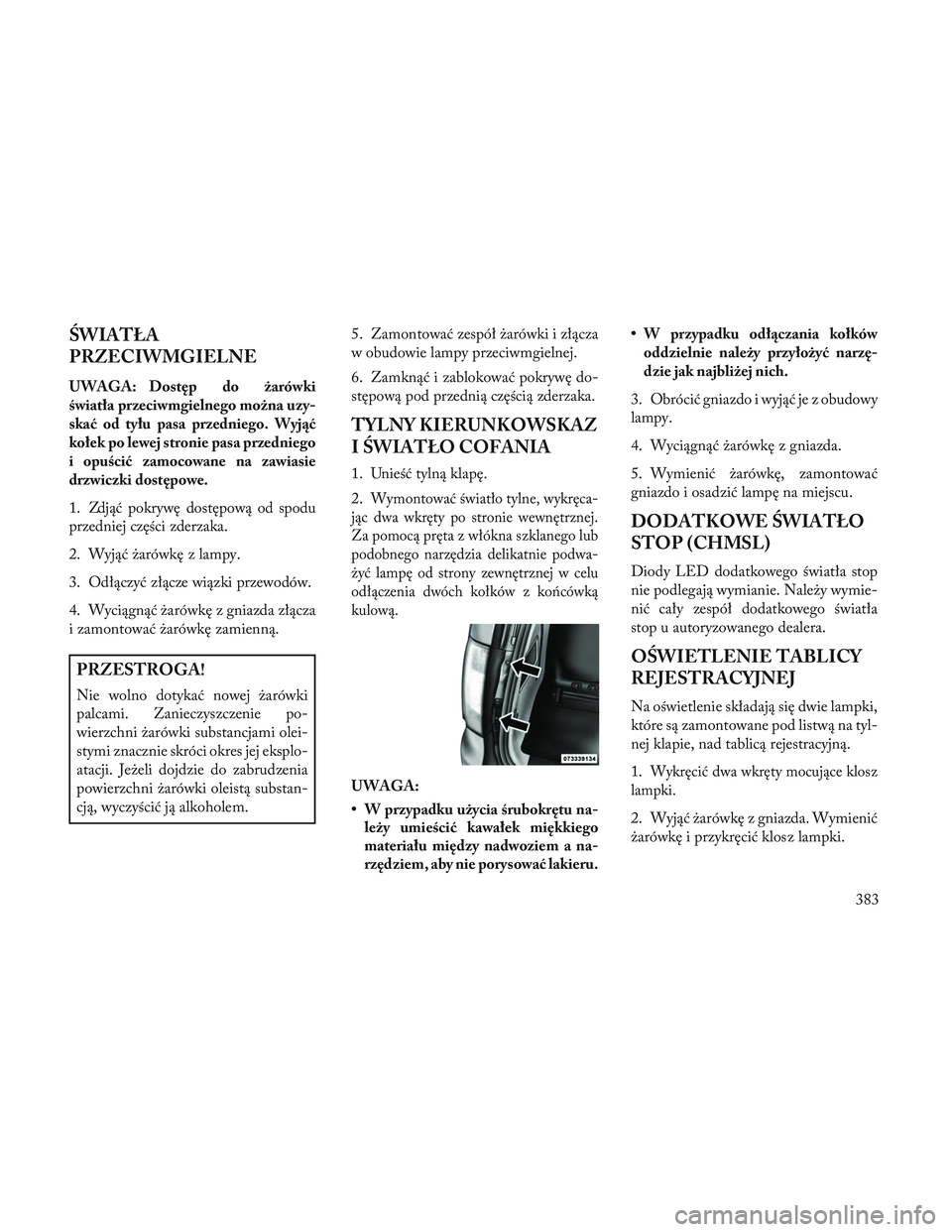 Lancia Voyager 2014  Instrukcja obsługi (in Polish) \bWIATŁA
PRZECIWMGIELNE
UWAGA: Dostęp do żarówki
światła przeciwmgielnego można uzy-
skać od tyłu pasa przedniego. Wyjąć
kołek po lewej stronie pasa przedniego
i opuścić zamocowane na za