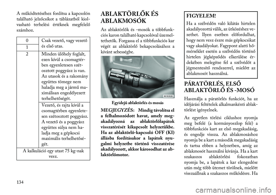 Lancia Voyager 2013  Kezelési és karbantartási útmutató (in Hungarian) A működtetéséhez fordítsa a kapcsolón
található jelzőcsíkot a táblázatból kiol-
vasható terhelési értéknek megfelelő
számhoz.
0 Csak vezető, vagy vezetőés első utas.
1
2 Minden 