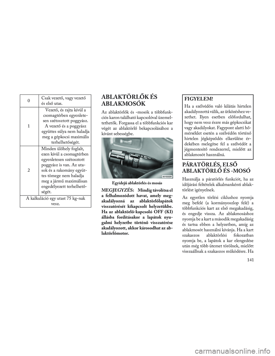 Lancia Voyager 2014 Kezelési és karbantartási útmutató (in Hungarian) 0Csak vezető, vagy vezető
és első utas.
1 Vezető, és rajta kívül a
csomagtérben egyenlete-
sen szétosztott poggyász. A vezető és a poggyász
együttes súlya nem haladja meg a gépkocsi m Lancia Voyager 2014 Kezelési és karbantartási útmutató (in Hungarian) 0Csak vezető, vagy vezető
és első utas.
1 Vezető, és rajta kívül a
csomagtérben egyenlete-
sen szétosztott poggyász. A vezető és a poggyász
együttes súlya nem haladja meg a gépkocsi m