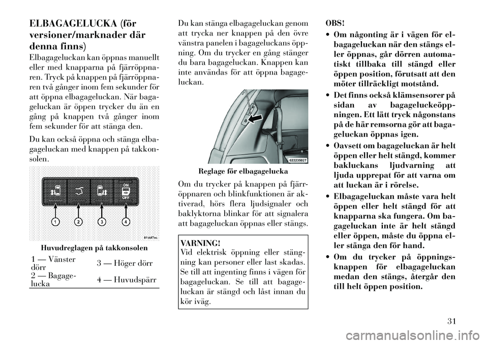 Lancia Voyager 2011  Drift- och underhållshandbok (in Swedish) ELBAGAGELUCKA (för 
versioner/marknader där
denna finns) 
Elbagageluckan kan öppnas manuellt 
eller med knapparna på fjärröppna­
ren. Tryck på knappen på fjärröppna­
ren två gånger inom 