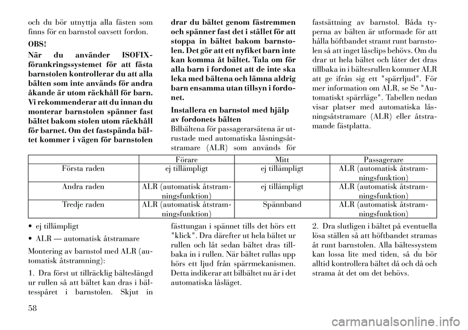 Lancia Voyager 2012  Drift- och underhållshandbok (in Swedish) och du bör utnyttja alla fästen som 
finns för en barnstol oavsett fordon. OBS! 
När du använder ISOFIX- 
förankringssystemet för att fästa
barnstolen kontrollerar du att alla
bälten som inte