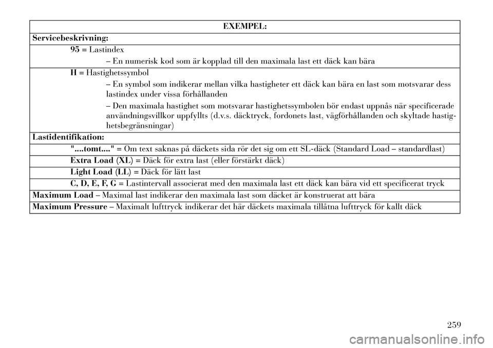Lancia Voyager 2013  Drift- och underhållshandbok (in Swedish) EXEMPEL:
Servicebeskrivning: 95= Lastindex
– En numerisk kod som är kopplad till den maximala last ett däck kan bära
H = Hastighetssymbol
– En symbol som indikerar mellan vilka hastigheter ett 