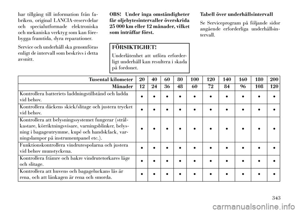 Lancia Voyager 2013  Drift- och underhållshandbok (in Swedish) har tillgång till information från fa-
briken, original LANCIA-reservdelar
och specialutformade elektroniska
och mekaniska verktyg som kan före-
bygga framtida, dyra reparationer.
Service och under